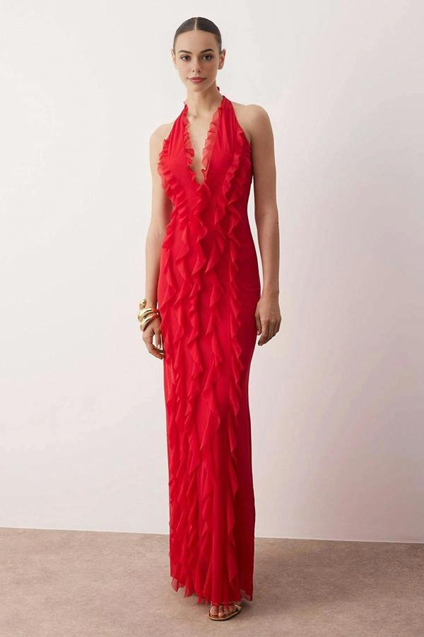 WOVCOR Tulle Evening Dress with Ruffled and Lined