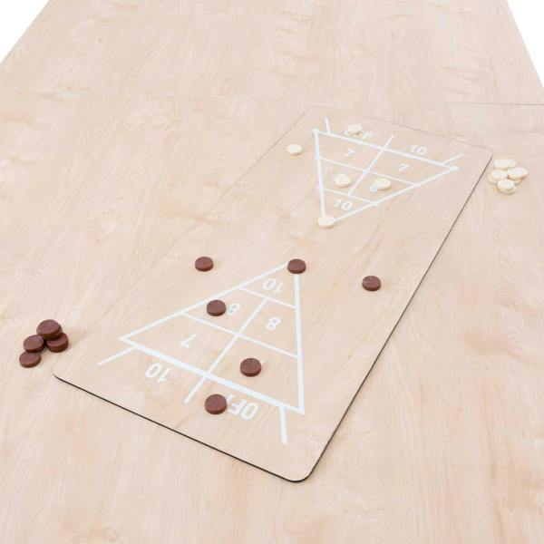 7-in-1 games table with a light oak finish, featuring a shuffleboard layout and game pieces in brown and cream colors