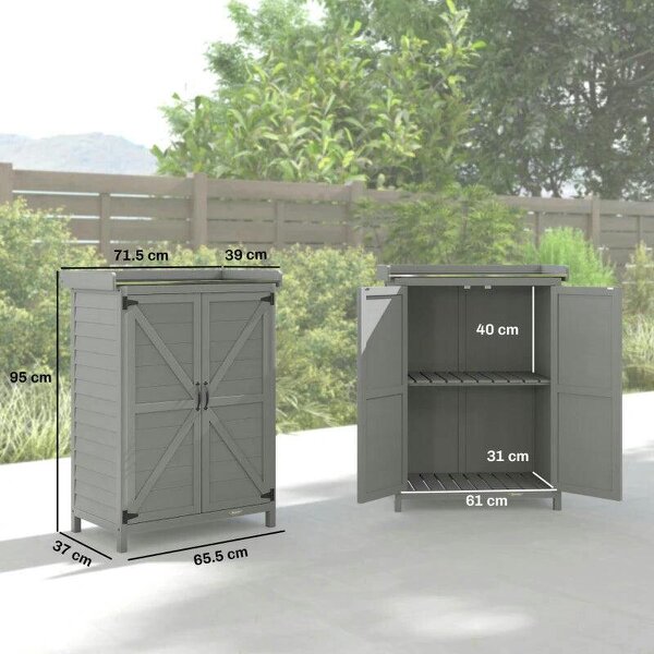 Wooden Garden Shed, Garden Tool Storage Shed with Shelf and Side Hooks, 71.5 x 39 x 95 cm, Grey