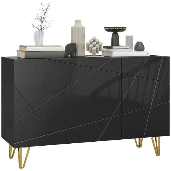 Black high-gloss sideboard with geometric panel doors and gold hairpin legs