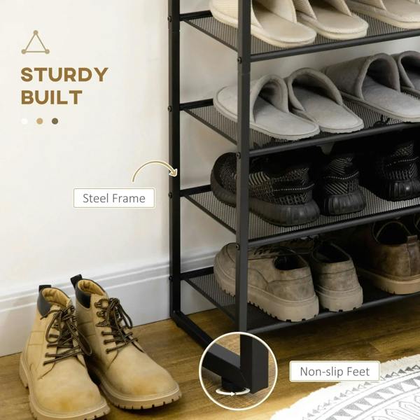 Black shoe rack corner close-up, steel frame and non-slip feet