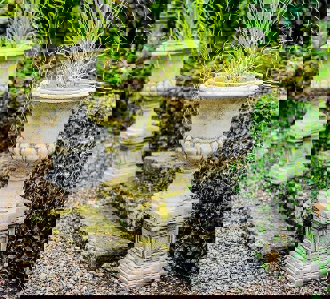 Pair of Classic Stone Garden Urns with Columns