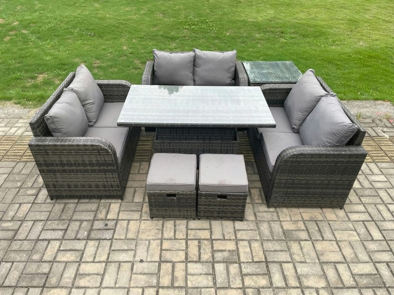 Fimous Rattan Garden Outdoor Furniture 3 PC Love Sofa Set Patio Adjustable Rising lifting Dining Table With Side Table 2 Small Footstools
