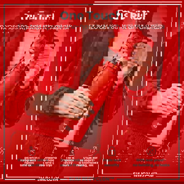 A red water bottle is being opened one-handed by a person wearing a red jacket. The bottle's top flips open with a simple click; it is leakproof and designed for one-handed use.