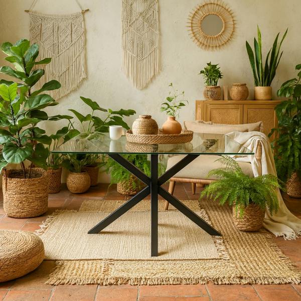 Wyld Haus Saignon Rectangular Glass Dining Table industrial Cross X Black Metal Legs