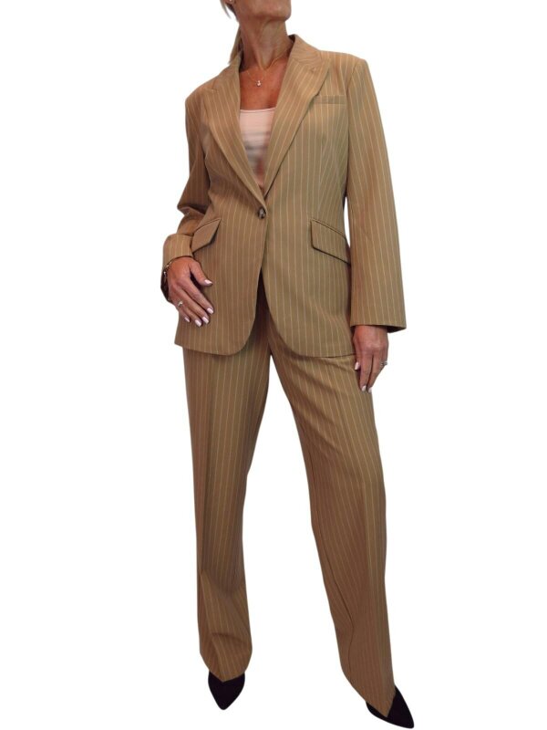 Paulo Due Women's Pinstripe 2 Piece Trouser Suit Tailored Blazer - Tan