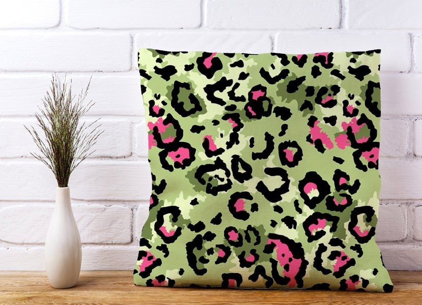 Warren Reed Green And Pink Leopard Print Cushions