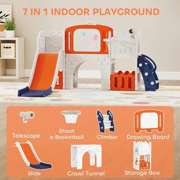 7 in 1 Toddler Slide Set with Basketball Hoop, Climbing Frame, Telescope, Drawing Board, Storage Box, Orange