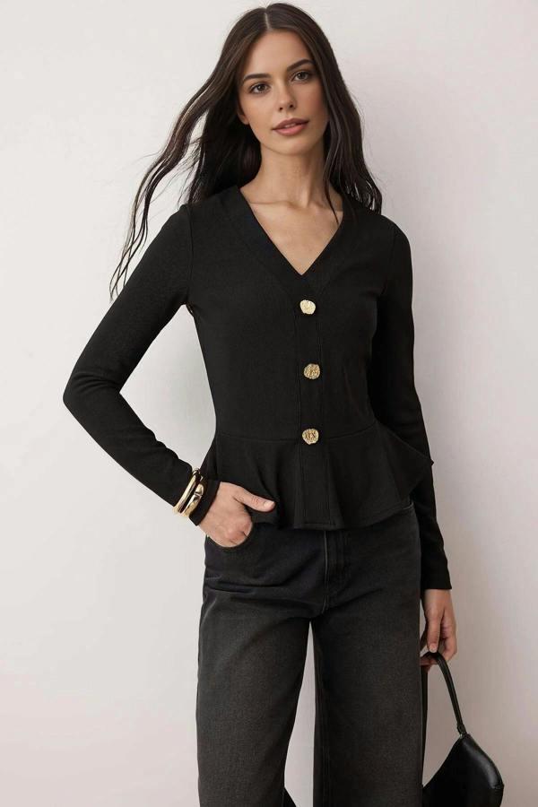 WOVCOR V-Neck Buttoned Peplum Flexible Knit Blouse