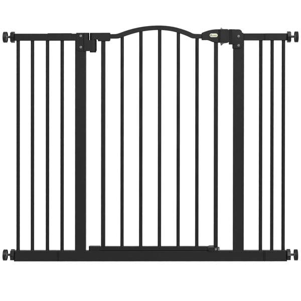 Black metal pet gate safety barrier with vertical bars and arched top rail