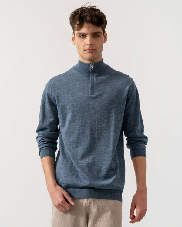 Oliver Sweeney Curragh Mens 1/4 Zip Funnel Neck Merino Wool Jumper - Mid Blue