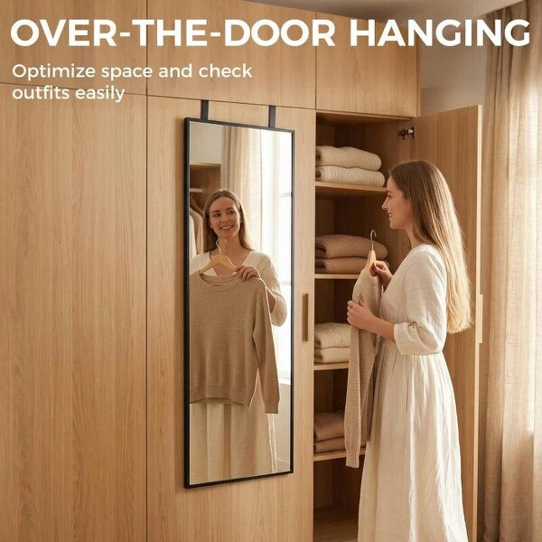 40 x 110 cm Full Length Wall Mirror, Rectangular Mirror with Adjustable Hooks, Over the Door or Wall Mounted, Black