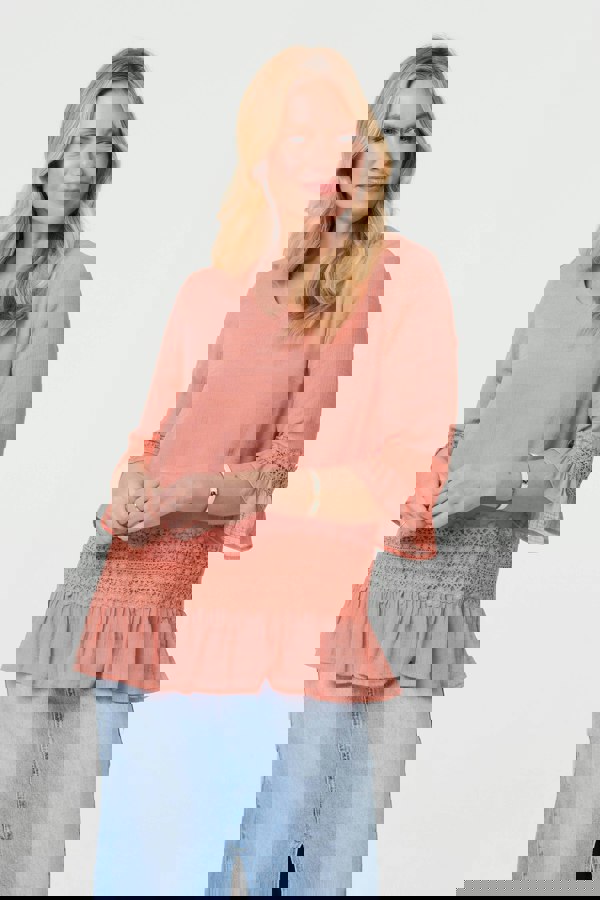 Pink | Lace Trim 3/4 Flared Sleeve Blouse
