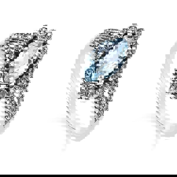 Gemondo Art Deco Style Marquise Blue Topaz & Marcasite Ring in Sterling Silver