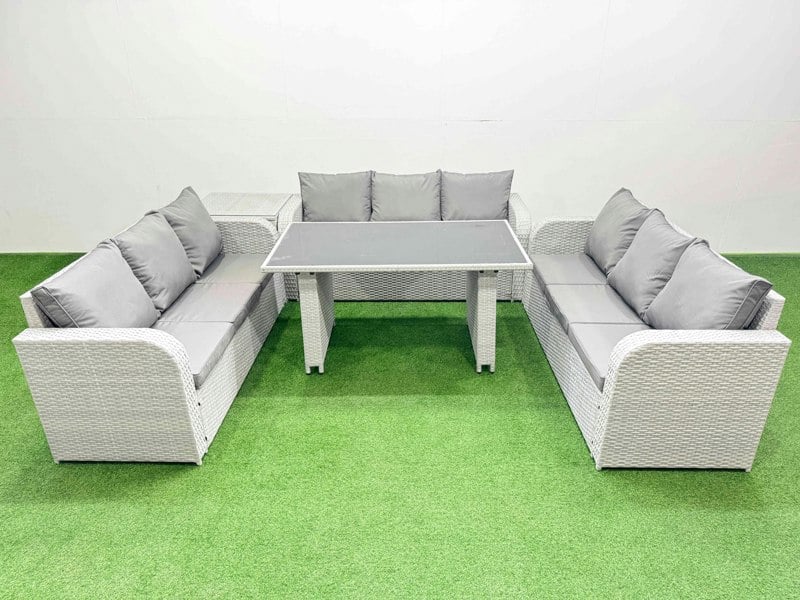 Fimous Patio Garden Furniture Sets with Black Glass Top Dining Table 3 Seater Sofa Side Table Light Grey