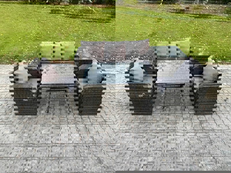 Fimous Rattan Wicker Garden Furniture Patio Conservatory Sofa Set with Rectangular Dining Table Reclining Chair 3 Seater Sofa Side Table