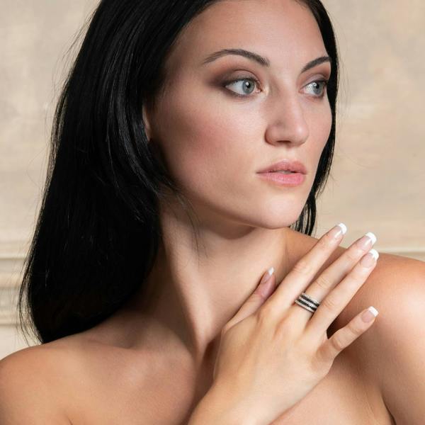 Skinny Sterling Silver Band Ring for Women with Black Spinel Gemstones - namana.london