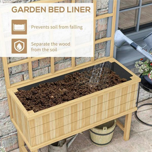 Natural wooden garden planter with trellis, showing garden bed liner and soil inside.