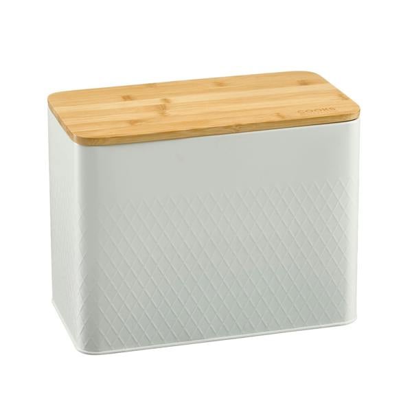 Cooks Professional Embossed Bread Bin, Linen Bag and Bamboo Board Set | White