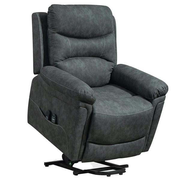 Grey power lift recliner chair with padded armrests and armrest control panel
