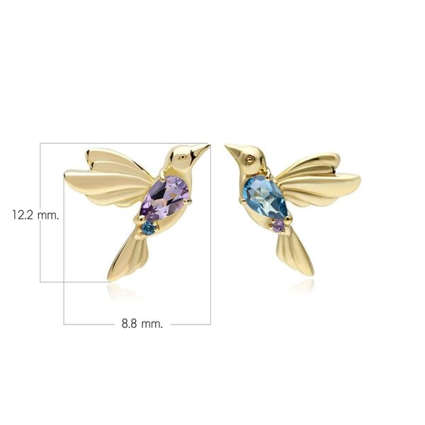 Gemondo ECFEW Pink Amethyst and Blue Topaz Hummingbird Stud Earrings in 925 Sterling Silver