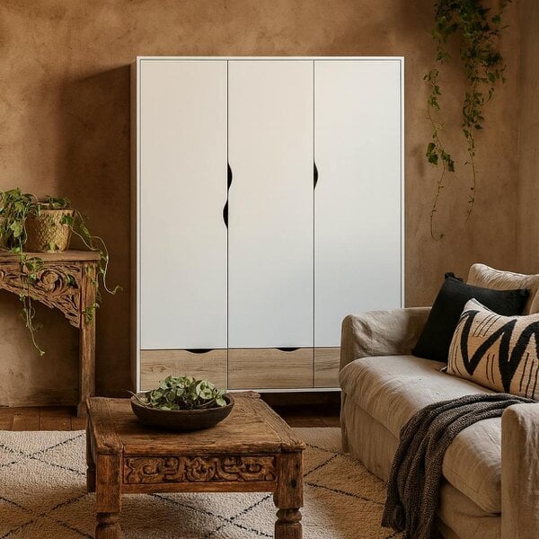 Wyld Haus Sapporo White and Natural Oak Effect Wardrobe 3 Doors 3 Drawers