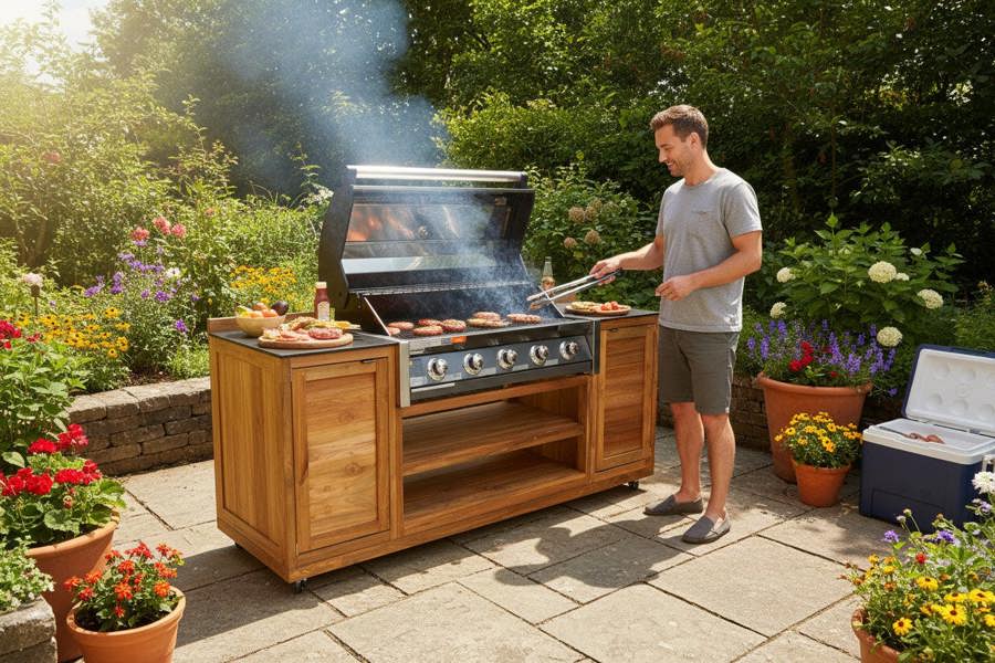 Ocean Designs Barletta Teak Kitchen BBQ Cabinet on Wheels
