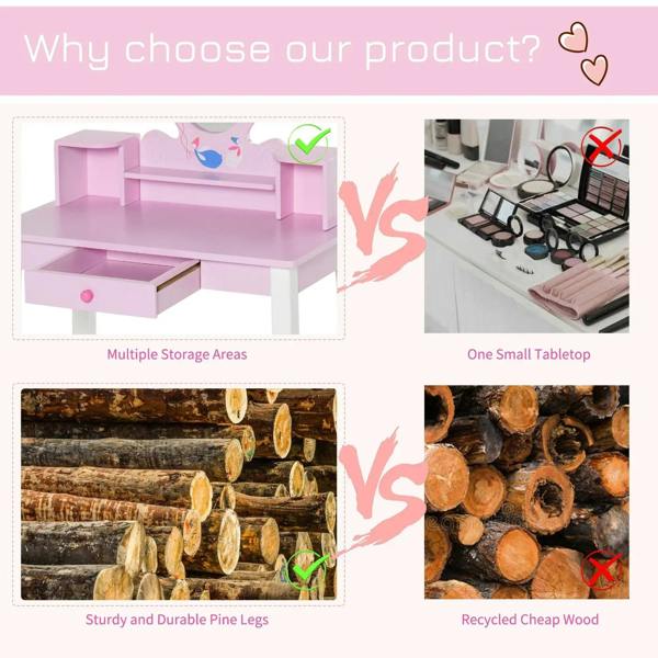 Kids pink wooden dressing table with multiple storage shelves and a drawer with knob