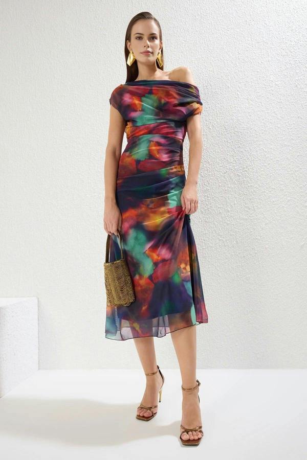 WOVCOR Patterned Lined Tulle Knit Midi Evening Prom Dress