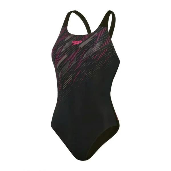 Speedo Hyperboom Placement Muscleback Swimsuit in black with pink purple abstract pattern