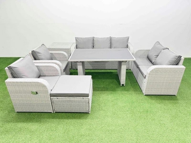 Fimous 8 Seater Garden Furniture Set PE Ratten Garden Sofa Set with Rectangular Dining Table Big Stool Side Table Light Grey