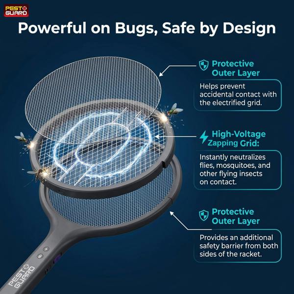 Electric Bug Zapper Telescopic Fly Swatter Racket - USB Type C Rechargeable with Rotatable Head For Mosquito & Flying Insect Control