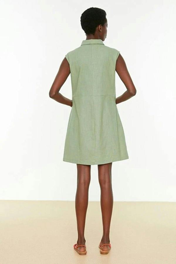 WOVCOR Straight Cut Shirt Collar Linen-Look Mini Woven Dress