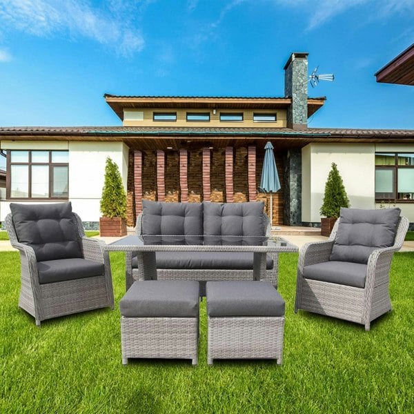 Furniture One Patio Sofa Dining Table Set, 6 Seaters Aluminum Frame Wicker Weave, Includes Dining Table+Loveseat+ 2 Armchair+2 Stool - Grey