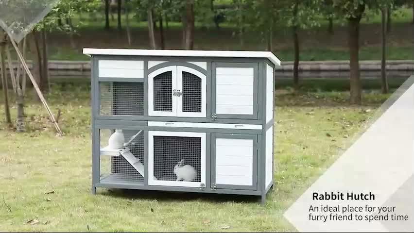 PawHut Two-Tier Wooden Rabbit Hutch w/ Openable Roof, Slide-Out Tray, Ramp