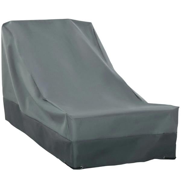 Dark gray patio lounge chair cover with fitted hood and elastic hem cord
