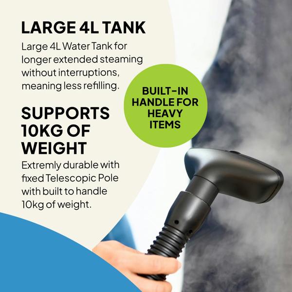 A person uses the Fridja Commercial Garment Care Duo – f1600 Steamer & f40 Fabric Shaver. Features: 4L tank, supports 10kg, durable telescopic pole, built-in handle—perfect for professional garment care. Blue and green circles background.