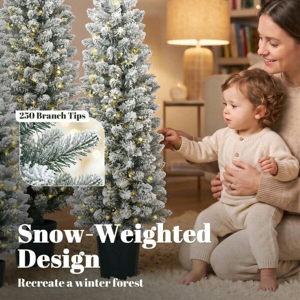 Bobobiy Prelit Snowy Flocked Artificial Christmas Tree Set of 3, Slim Xmas Tree with PVC Tips, 3FT+4FT+5FT
