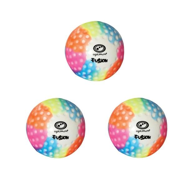 Three multi-colour rainbow dimpled Optimum Fusion hockey balls with black logo, grouped on white - Optimum