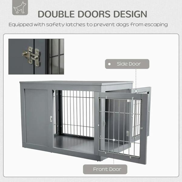 Grey double-door dog crate with side door and front door latches, wire enclosure