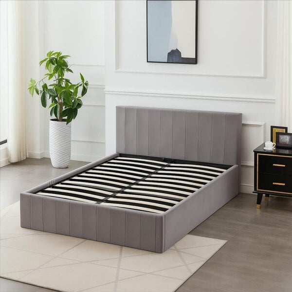 Kosy Koala Ottoman Bed Gas Lift Storage Grey 4ft Small Double and 1 Mattress Line Pattern Velvet Bedroom