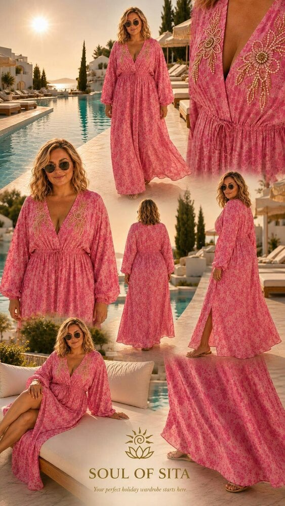 Caz Kaftan long in Fusia, leaf print with hand embellishment