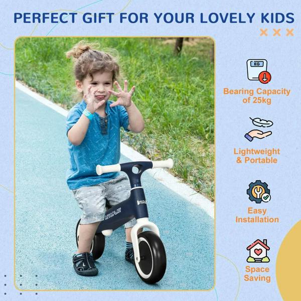 Blue balance bike with child riding, gift-style panel layout with feature icons
