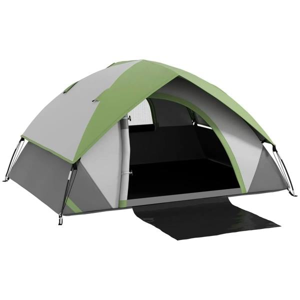 Two-person dome tent with green and grey panels, arched entry and dark interior