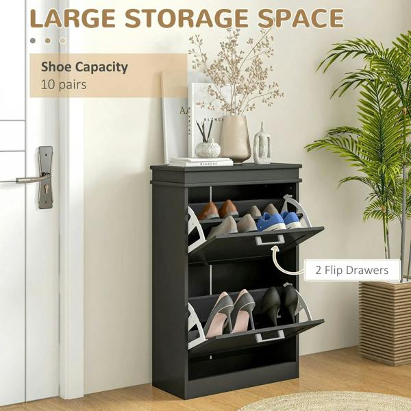 Black two-drawer shoe cabinet with flip-top storage doors, open for shoe display