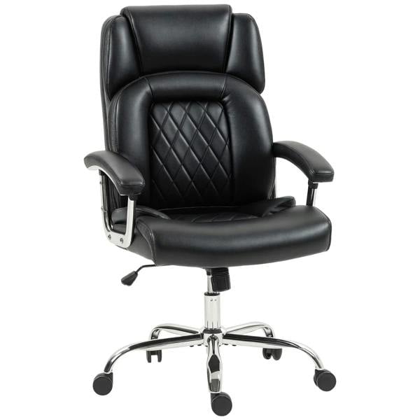 Black PU leather office chair with spring cushion, quilted back, padded armrests, chrome base