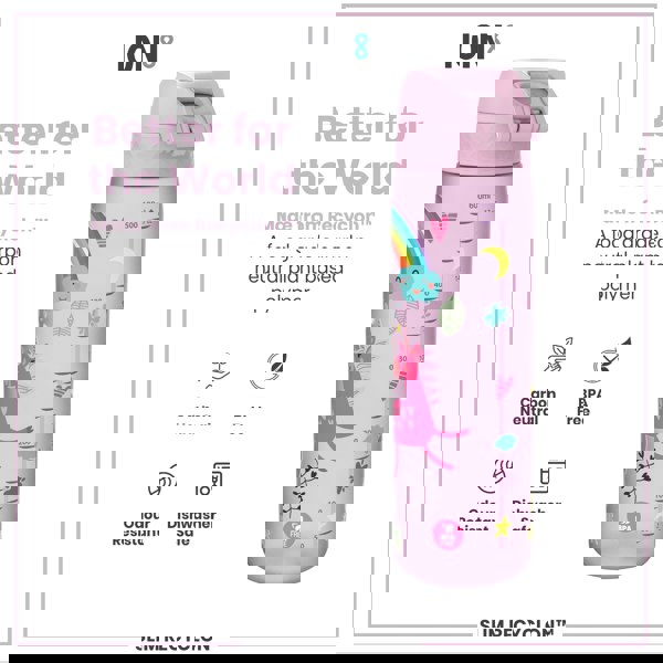 A lavender water bottle, featuring a unicorn design and measurement markings, sits against a white background; advertisements emphasize its eco-friendly construction.