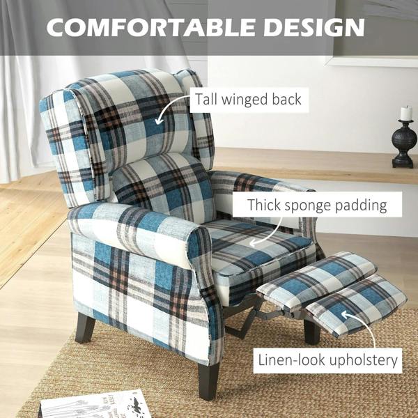 Blue plaid wingback recliner with thick cushioned seat, extended footrest, and padded arms.