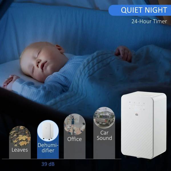 White portable dehumidifier with air purifier, front unit near bed on casters