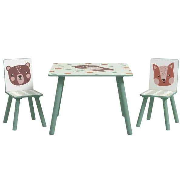 Kids green table and two chairs set with bear and fox backrests
